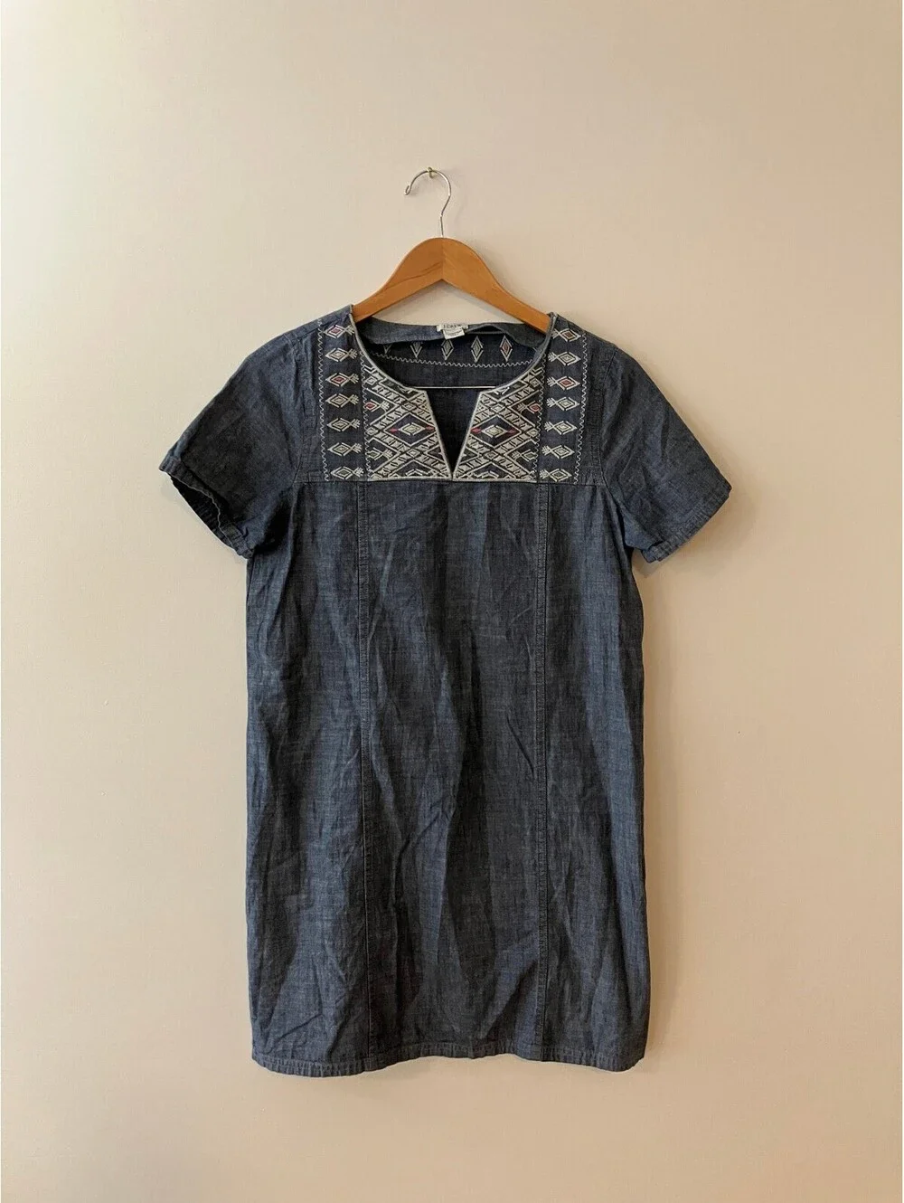 J.Crew Womens S Blue Chambray Shift Dress Embroidered Yoke Cotton Tunic Denim